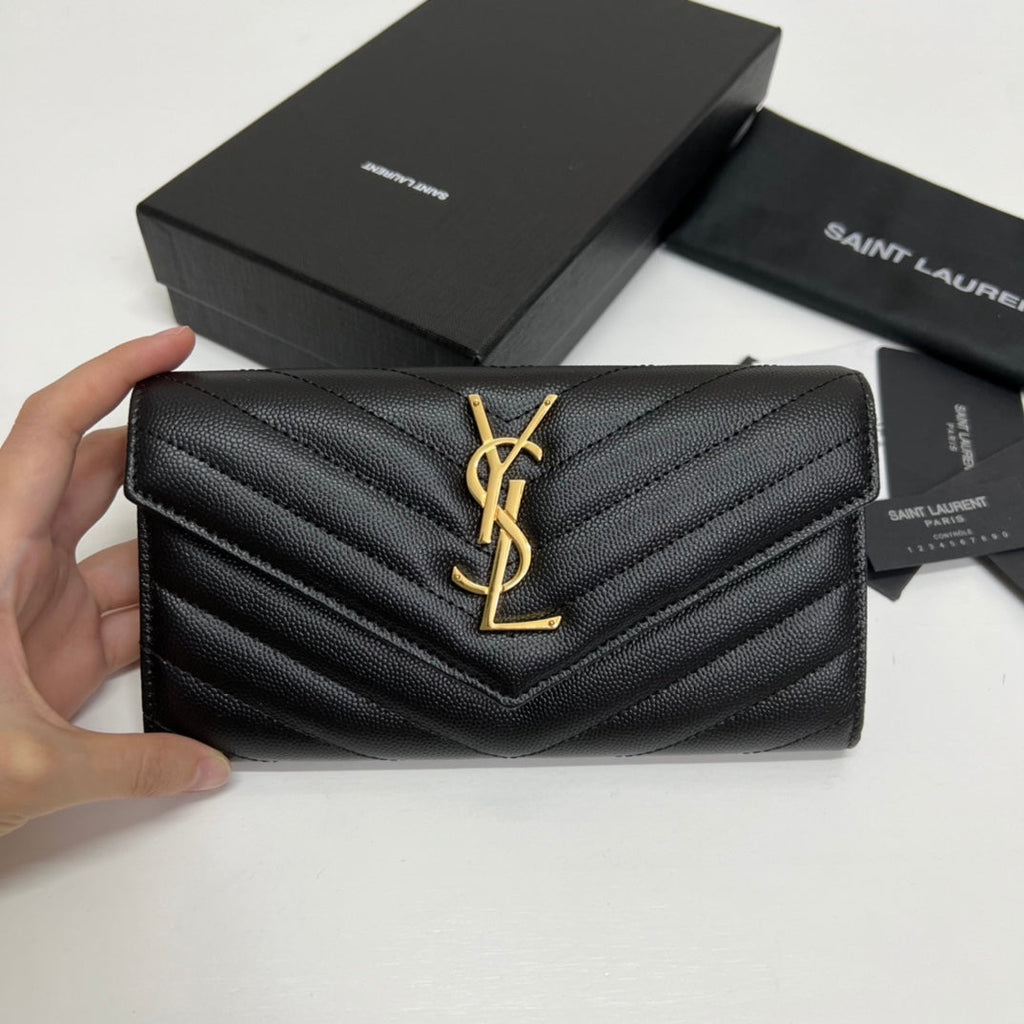Long Wallet Black Leather Gold Tone 10769 19cm